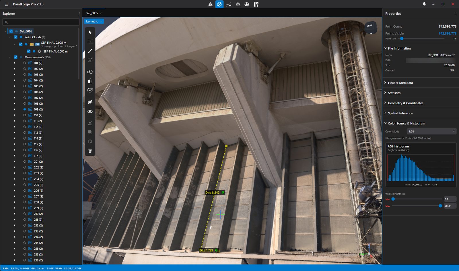Dimensions measured on a scanned building in PointForge Pro