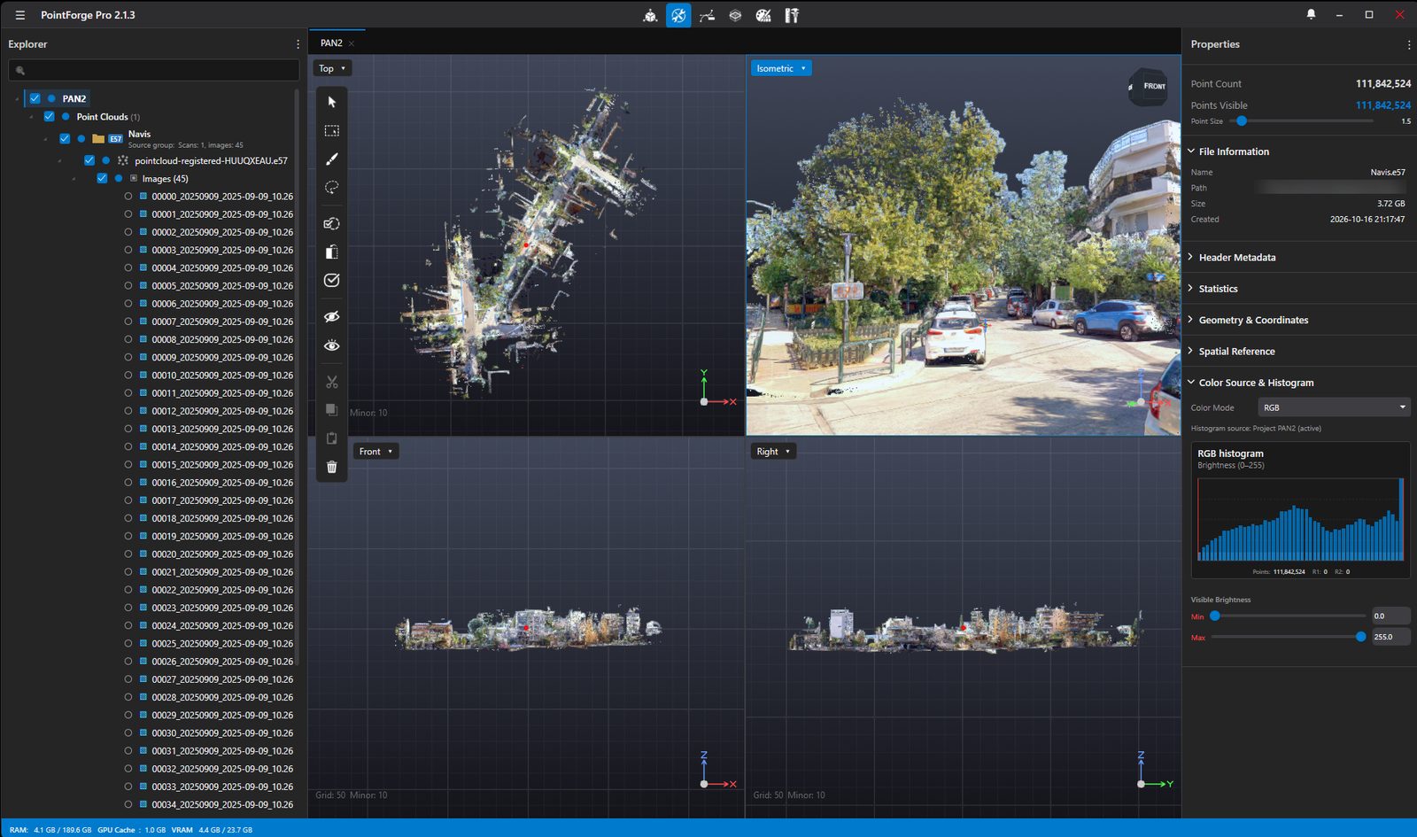A surveyed street shown from four viewpoints in PointForge Pro